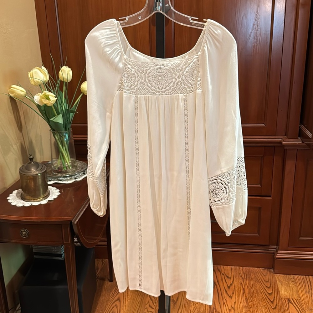 JOIE Ivory Tabara Dress S Lace Inserts Square Neck Long Sleeve Lined Wedding - Picture 2 of 13